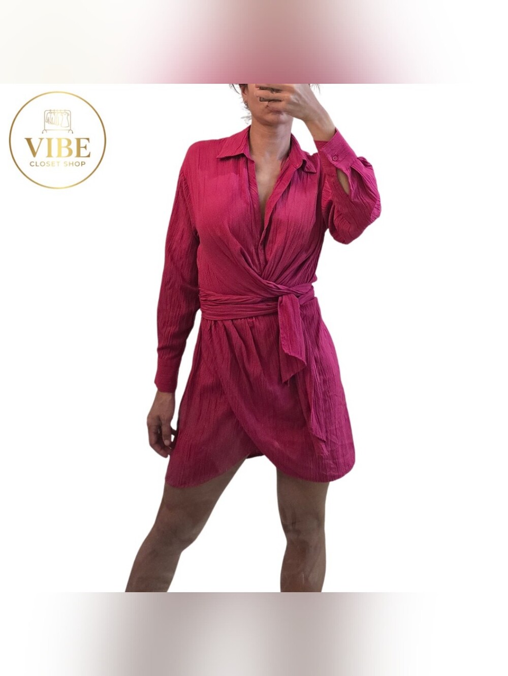 Zara Fuchsia Wrap Long-Sleeve Mini Dress